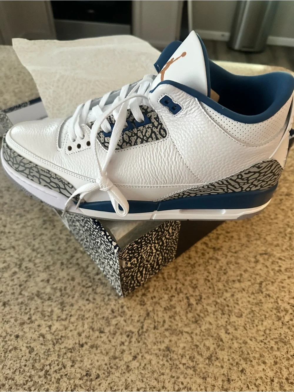 Air Jordan 3 Retro. Men’s White with Blue and Gold Jumpman Sneakers